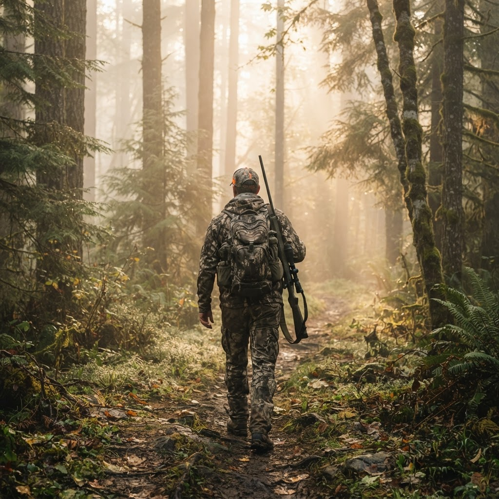Hunter walking through misty forest at sunrise
