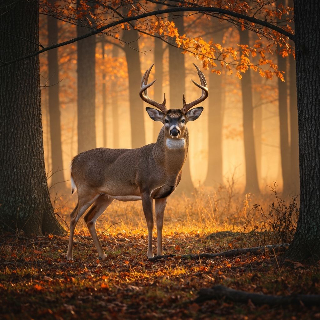 Majestic whitetail buck in misty forest at dawn