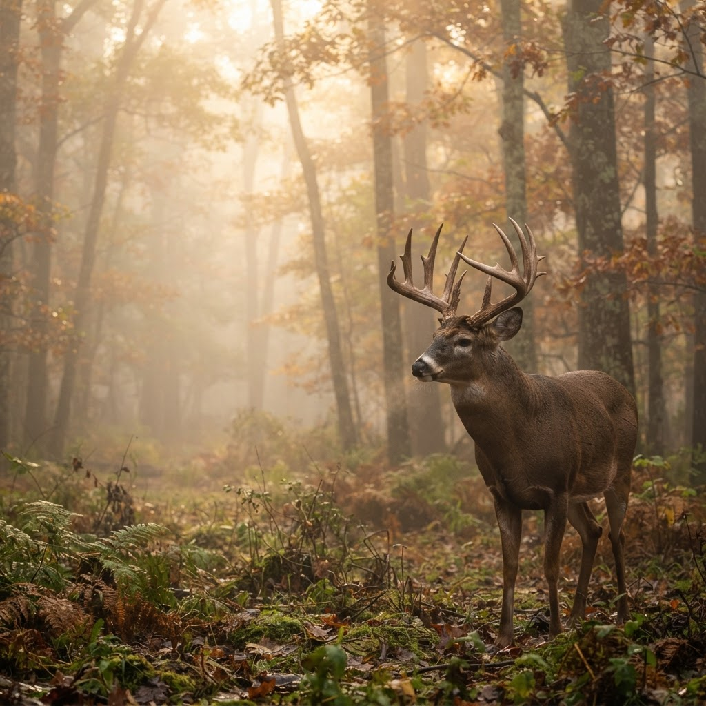 Majestic whitetail buck in misty forest at dawn